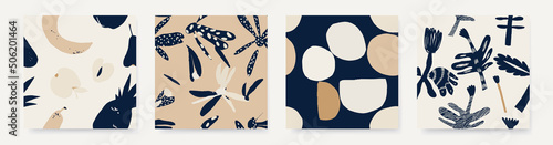 Hand drawn minimal abstract flowers and fruits pattern set. Collage contemporary print. Fashionable template for design. Black, white, beige palette.