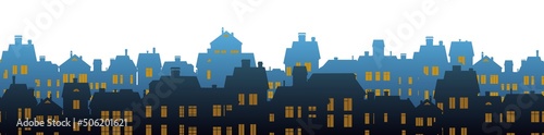 Silhouettes of village houses with luminous windows. Small city houses residential quarters. Cityscape with buildings. Isolated on white background. Housing Vector