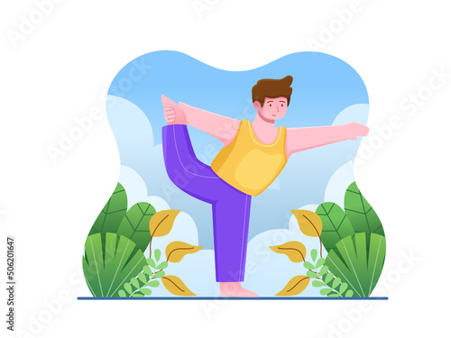 Illustration of Person Doing Yoga Pose Natarajasana or Lord of the Dance Pose on the Outdoors.
International Yoga Day Concept.
Can Be used For Banner, Poster, Web, Apps, Campaign, Etc.