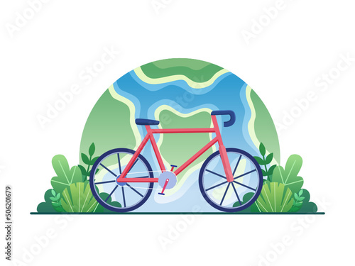 Vector illustration of world bicycle day with bicycle on the background of planet earth and green plants.
Can be used for web, banner, poster, landing page, social media, etc.
