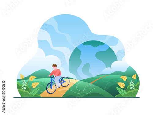 World Bicycle Day on June 3 Vector Illustration with people cycling in the hills. 
Can be used for poster, banner, web, landing page, social media, etc.