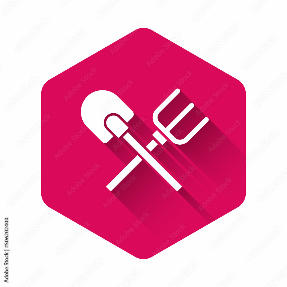 White Shovel and rake icon isolated with long shadow. Tool for horticulture, agriculture, gardening, farming. Ground cultivator. Pink hexagon button. Vector White Shovel and rake icon isolated with long shadow. Tool for horticulture, agriculture, gardening, farming. Ground cultivator. Pink hexagon button. Vector
