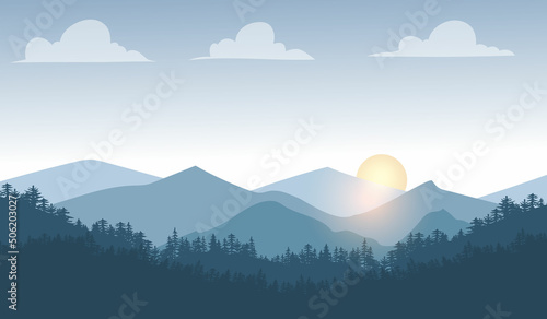 sunset in mountains Vector illustration of the pine trees forest receding into the distance on the background