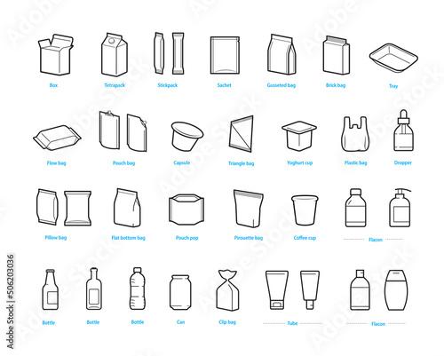 A set of packaging type icons. Vector elements are made with high contrast, well suited to different scales. Ready for use in your design. EPS10.	 photo
