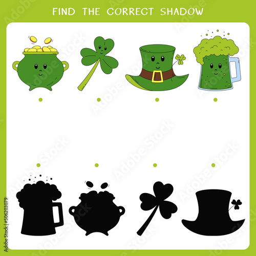 Find the correct shadow for Saint Patricks day symbols. Vector worksheet of simple educational game for kids
