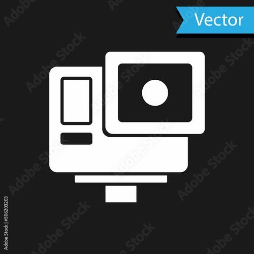 White Action extreme camera icon isolated on black background. Video camera equipment for filming extreme sports. Vector