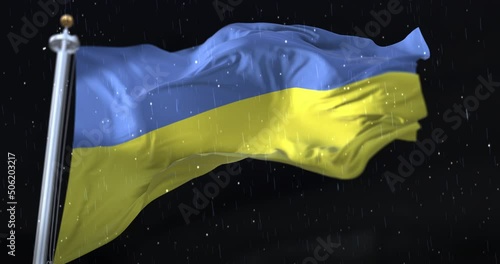 Ukraine Flag Waving with rain and snow in the night. Loop photo