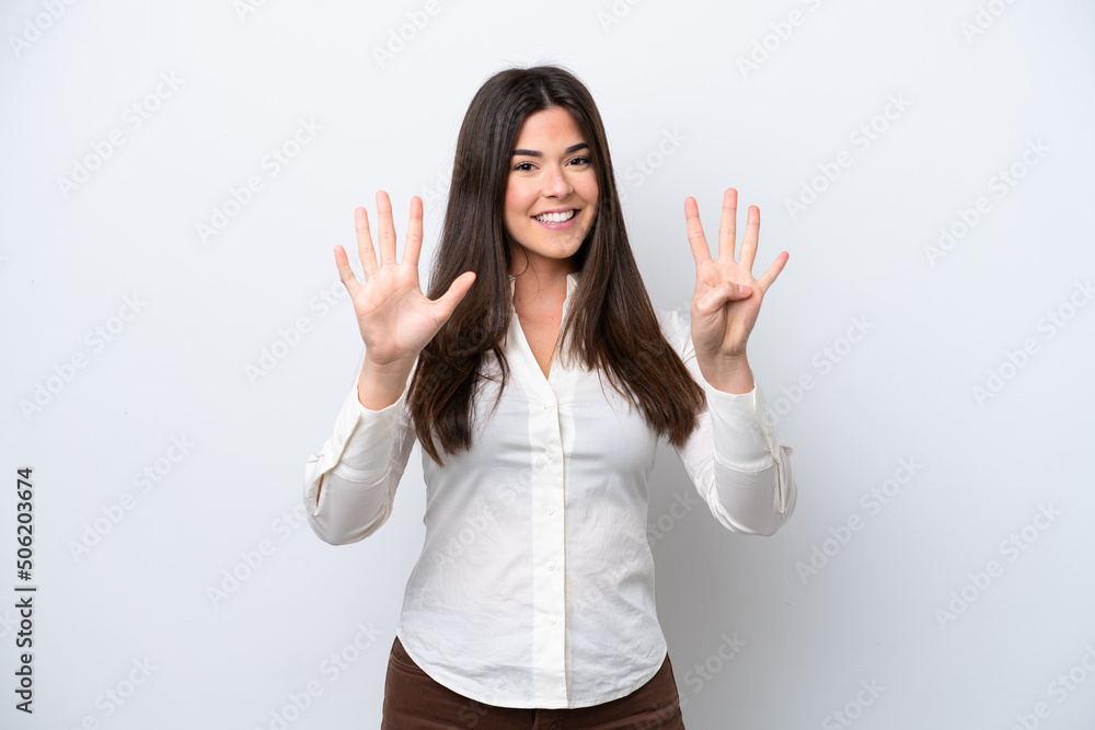 Young Brazilian woman isolated on white background counting nine with fingers Young Brazilian woman isolated on white background counting nine with fingers