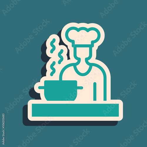 Green Spanish cook icon isolated on green background. Long shadow style. Vector