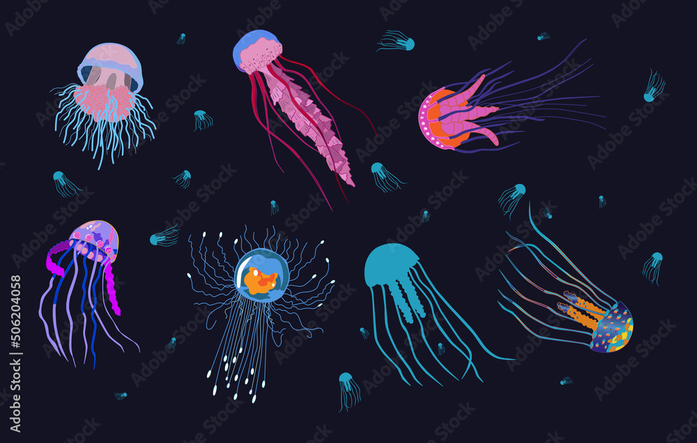 Set of Ocean jellyfish on a dark blue background. Beautiful marine coelenterates with a jelly-like bell, transparent and colorful marine life. Vector illustration. Set of Ocean jellyfish on a dark blue background. Beautiful marine coelenterates with a jelly-like bell, transparent and colorful marine life. Vector illustration.