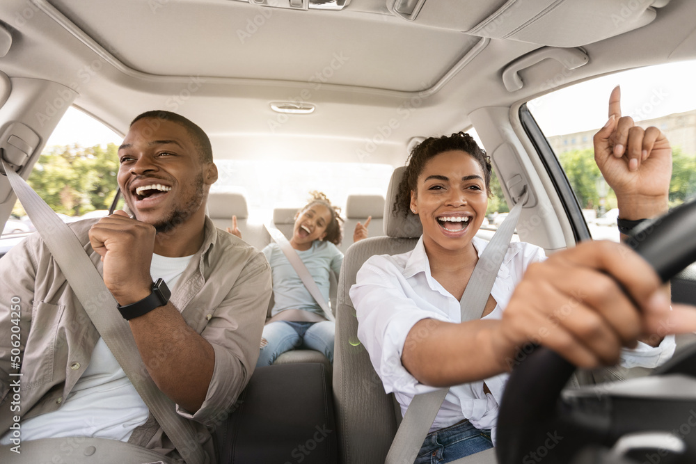 Black Family Singing Riding Car Having Fun Enjoying Road Trip - obrazy, fototapety, plakaty 