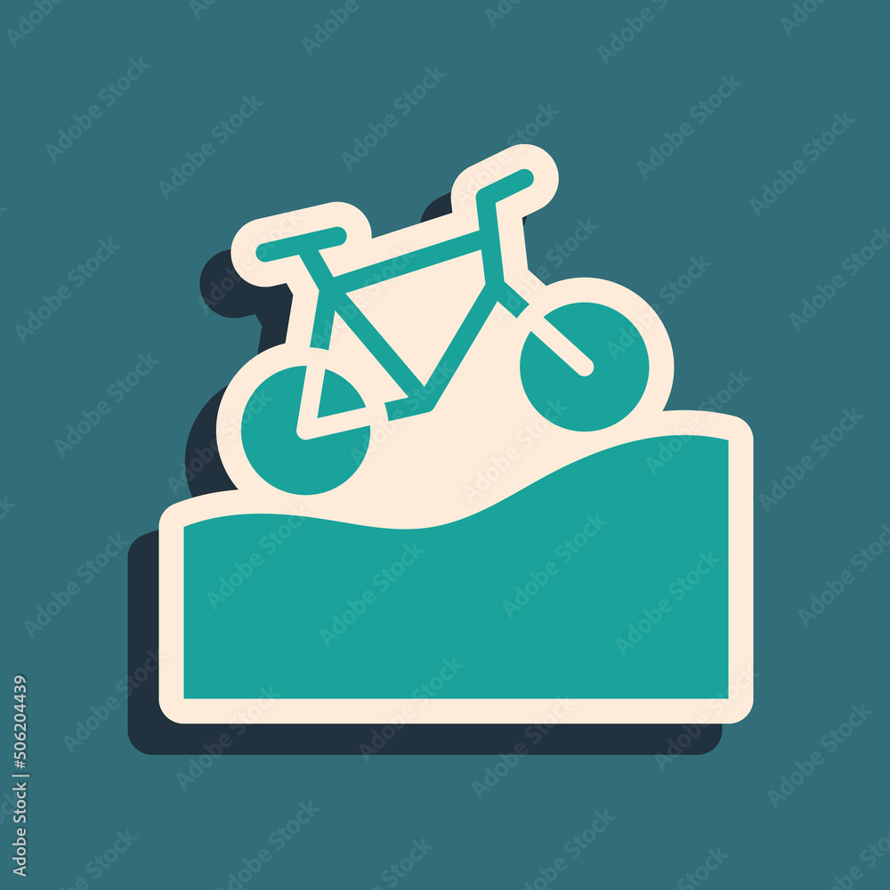 Green Mountain bicycle icon isolated on green background. Bike race. Extreme sport. Sport equipment. Long shadow style. Vector Green Mountain bicycle icon isolated on green background. Bike race. Extreme sport. Sport equipment. Long shadow style. Vector
