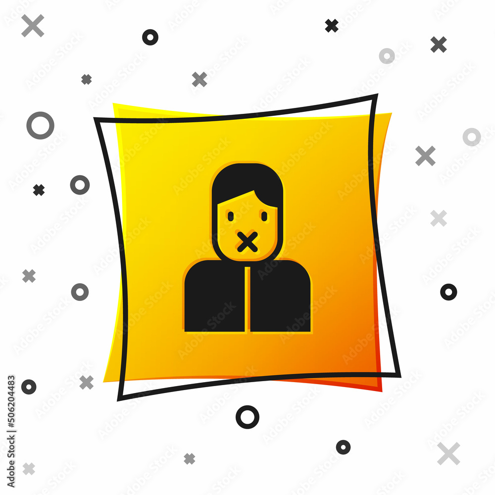 Black Censor and freedom of speech concept icon isolated on white background. Media prisoner and human rights concept. Tied mouth. Yellow square button. Vector Black Censor and freedom of speech concept icon isolated on white background. Media prisoner and human rights concept. Tied mouth. Yellow square button. Vector