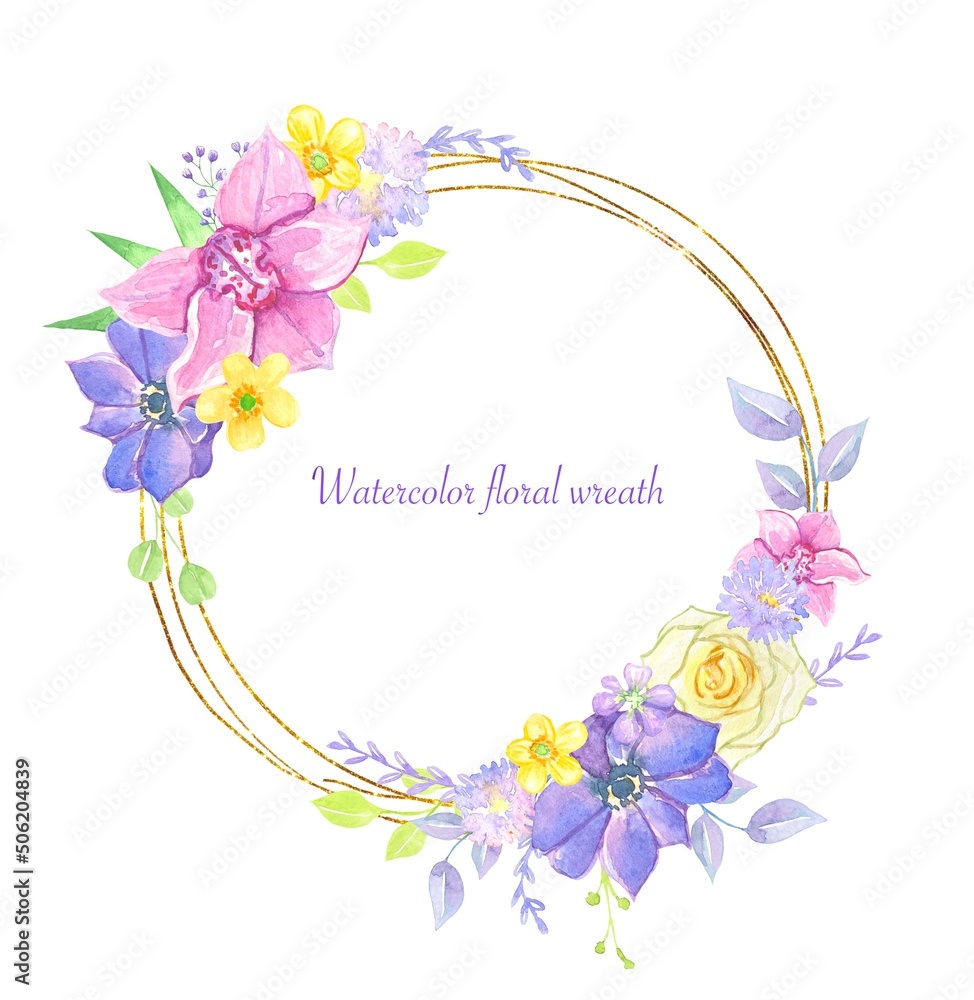 Floral wreath with summer flowers, watercolor illustration