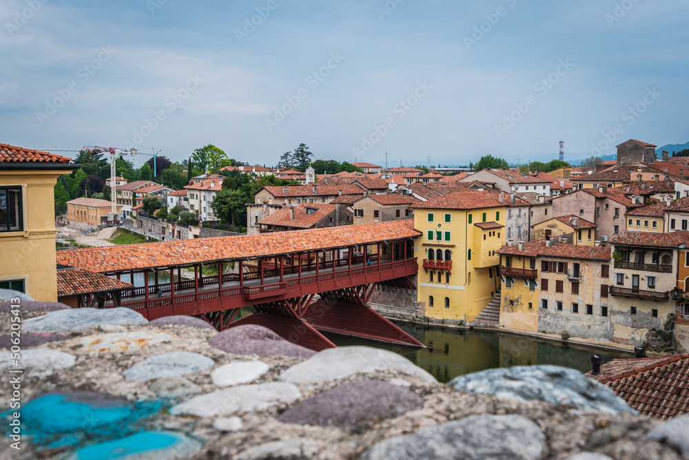 View of Bassano del Grappa with the Brenta River and the Alpini Bridge, Vicenza, Veneto, Italy, Europe