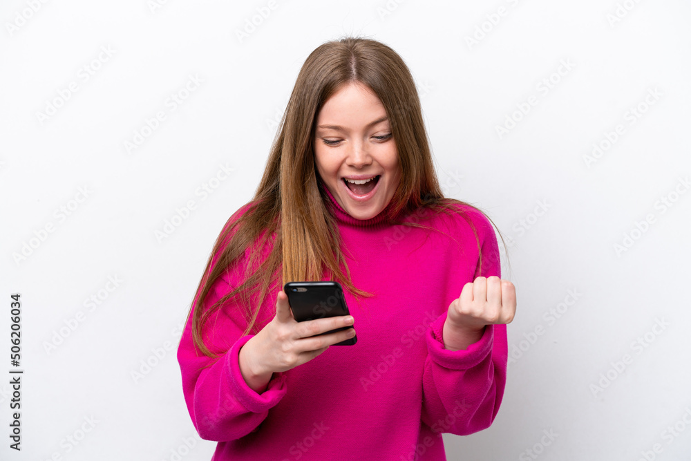 Young caucasian woman isolated on white background surprised and sending a message