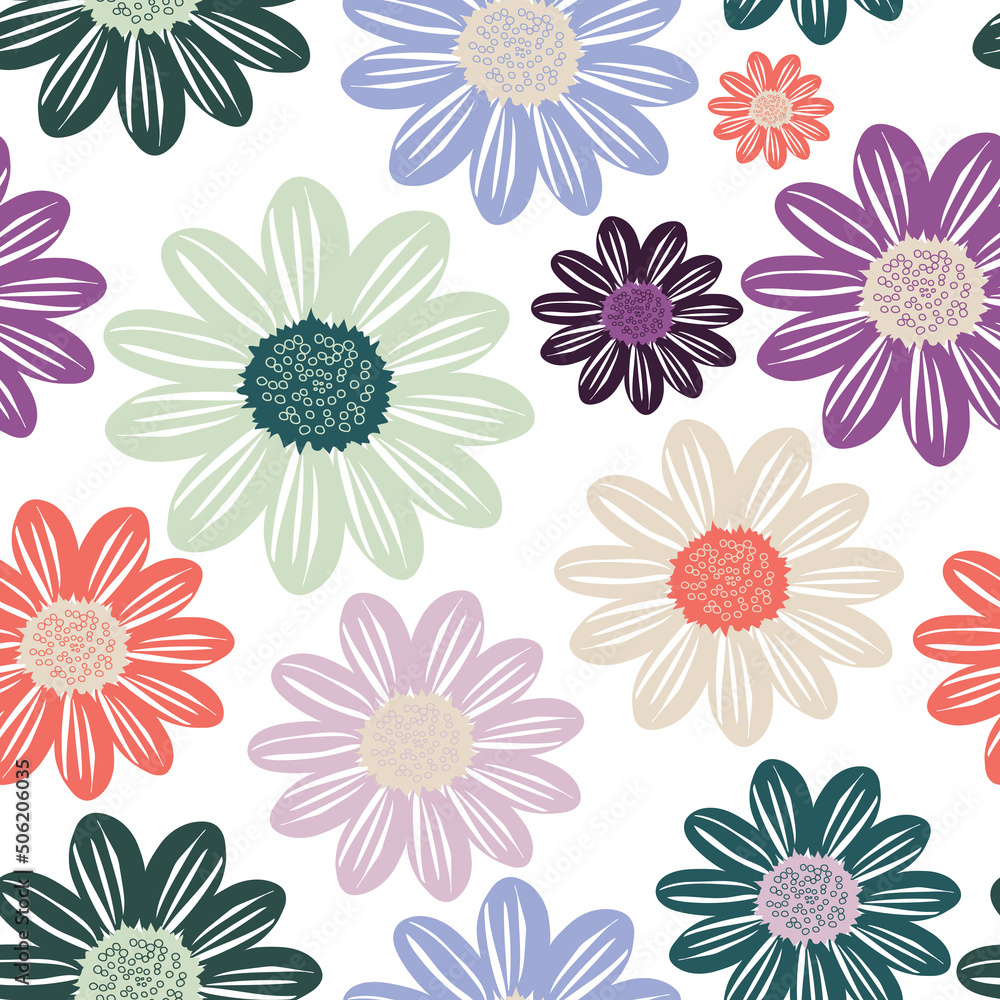 Wild chamomile flowers are multicolored. Seamless summer pattern with large flowers on a white background. For printing on modern fabrics, fashionable textiles. 