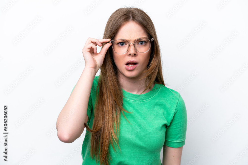 Young caucasian woman isolated on white background With glasses and frustrated expression Young caucasian woman isolated on white background With glasses and frustrated expression