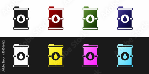 Set Bio fuel barrel icon isolated on black and white background. Eco bio and canister. Green environment and recycle. Vector