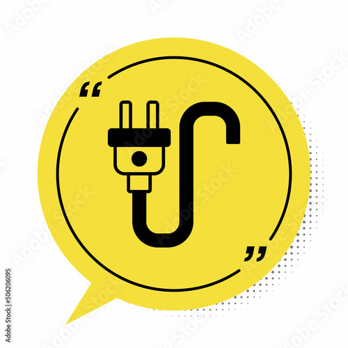 Black Electric plug icon isolated on white background. Concept of connection and disconnection of the electricity. Yellow speech bubble symbol. Vector