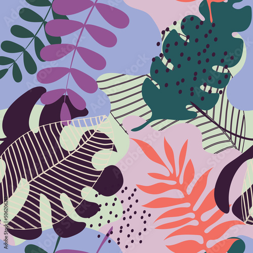 Tropical leaves are purple and green. Seamless cute pattern with beautiful plants for decorative textiles, fashion fabrics. 