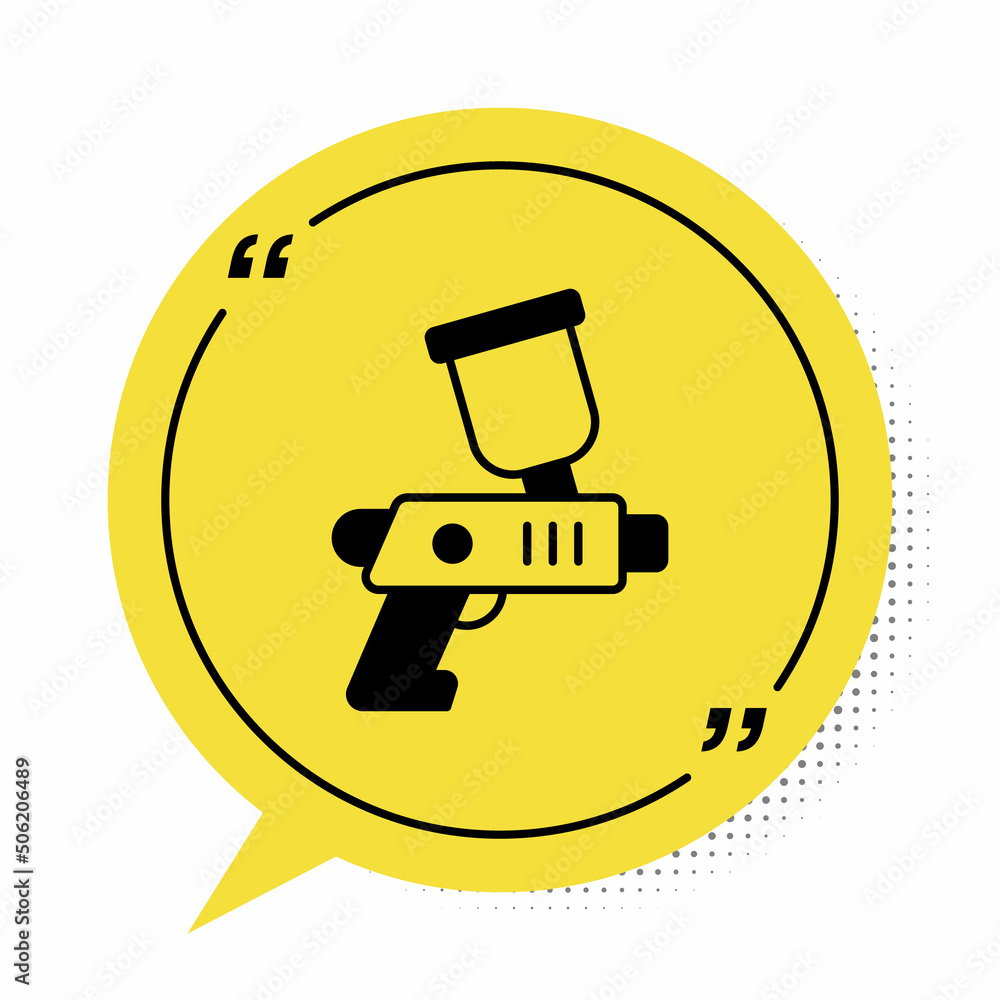 Black Paint spray gun icon isolated on white background. Yellow speech bubble symbol. Vector Black Paint spray gun icon isolated on white background. Yellow speech bubble symbol. Vector