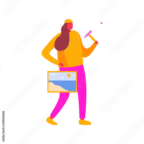 Young woman hanging photo frame on wall at home. Man hammering a nail. Vector flat style