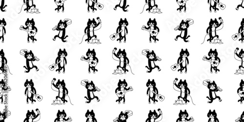 cat seamless pattern kitten calico guitar ukulele bass vector neko breed character cartoon pet tile background repeat wallpaper gift wrapping paper doodle animal illustration design