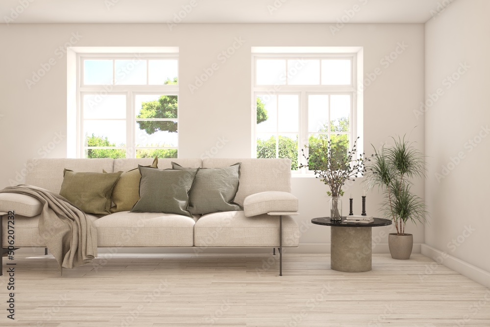 Fototapeta premium White living room with sofa and summer landscape in window. Scandinavian interior design. 3D illustration