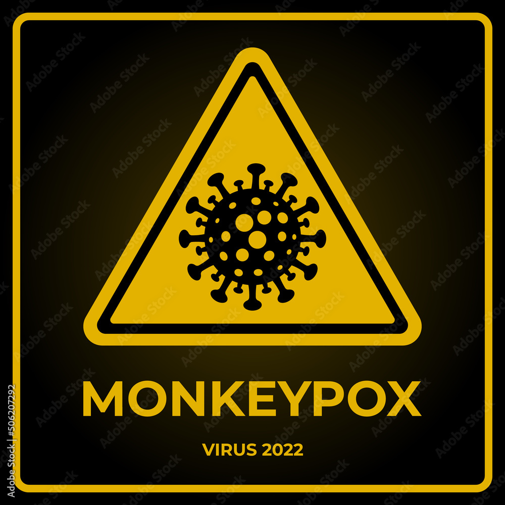 Monkeypox virus cell icon in yellow warning triangle on black square background. Monkeypox virus outbreak medical banner. Vector monkey pox cell. Monkeypox virus cell icon in yellow warning triangle on black square background. Monkeypox virus outbreak medical banner. Vector monkey pox cell.