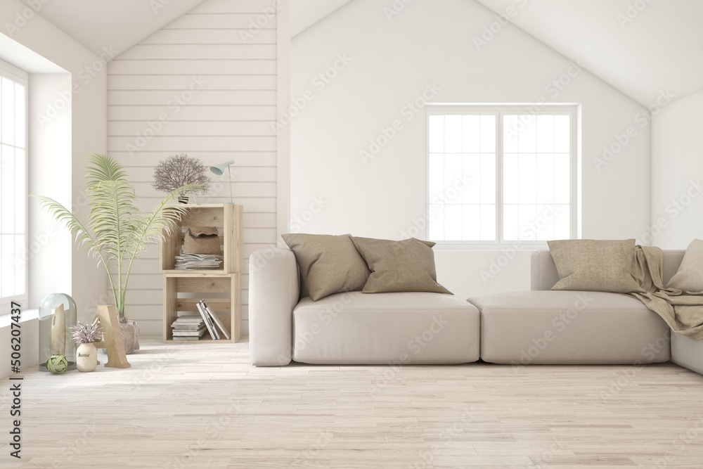 White living room with sofa. Scandinavian interior design. 3D illustration White living room with sofa. Scandinavian interior design. 3D illustration