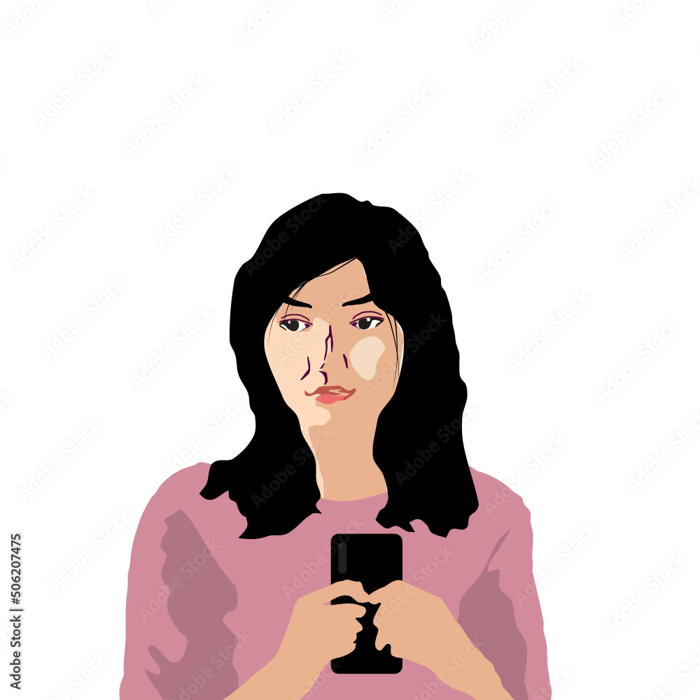 An Asian woman is holding a black mobile phone with both hands , it seems that she’s waiting for a phone call, , on a white background, vector. An Asian woman is holding a black mobile phone with both hands , it seems that she’s waiting for a phone call, , on a white background, vector.