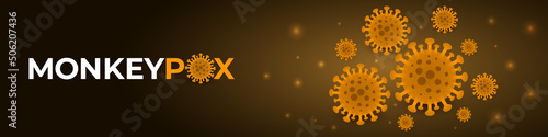 Monkeypox virus cells outbreak wide medical banner. Monkeypox virus cells on brown sciense background. Monkey pox microbiological vector background. View of smallpox under a microscope.