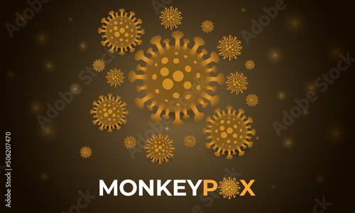 Monkeypox virus cells outbreak dark medical banner. Monkeypox virus cells on dark brown sciense background. Monkey pox microbiological vector background. View of smallpox under a microscope.