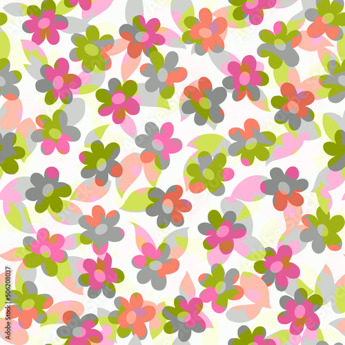 Spring - summer layered multicolored floral seamless pattern on a white background