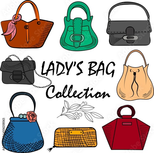 Lady's bags collection, woman's handbag, women's bag, clutch, purse isolated vector. Accessory for woman isolated vector