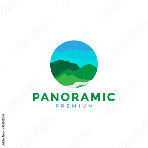 fresh panoramic hill forest river abstract logo design vector graphic symbol icon illustration creative idea