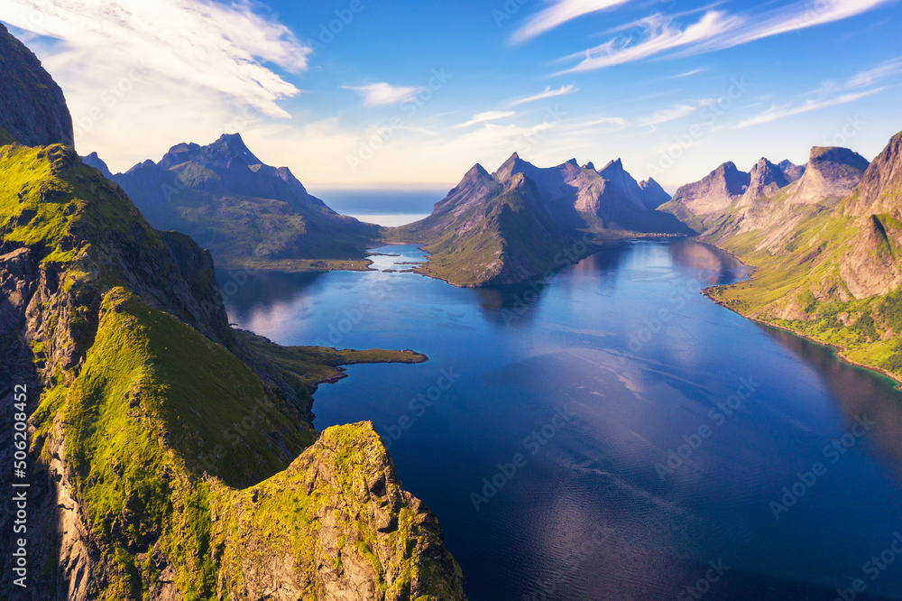 Aerial view of mountains and fjords around Reine in Lofoten islands, Norway
