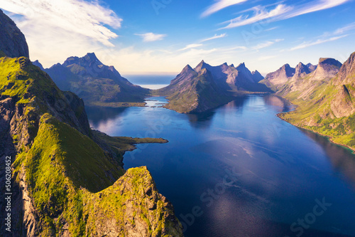 Aerial view of mountains and fjords around Reine in Lofoten islands  Norway