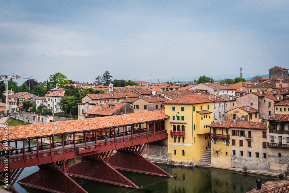 View of Bassano del Grappa with the Brenta River and the Alpini Bridge, Vicenza, Veneto, Italy, Europe