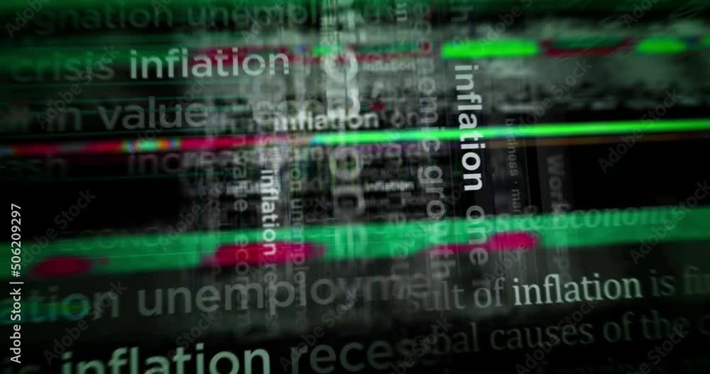 Headline news titles across media with inflation, crisis, economy and business recession. Abstract concept displays loop. Flight between screens with glitch effect seamless and looped 3d. Headline news titles across media with inflation, crisis, economy and business recession. Abstract concept displays loop. Flight between screens with glitch effect seamless and looped 3d.