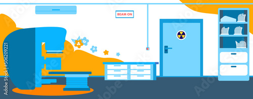 A room for the radiotherapy treatment with a LINAC (medical linear accelerator) and some furniture and equipment. Vector colorful flat illustration. 