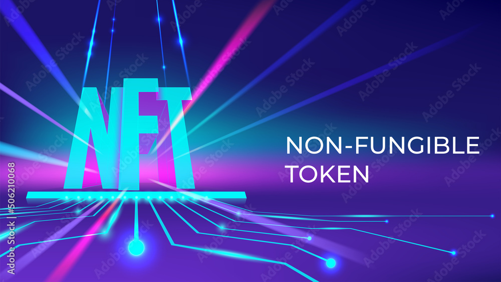 Vector illustration of non fungible token. NFT typography template for infographics, background, banner. Digital technology concept. Crypto art. Futuristic neon abstract wallpaper. - obrazy, fototapety, plakaty 