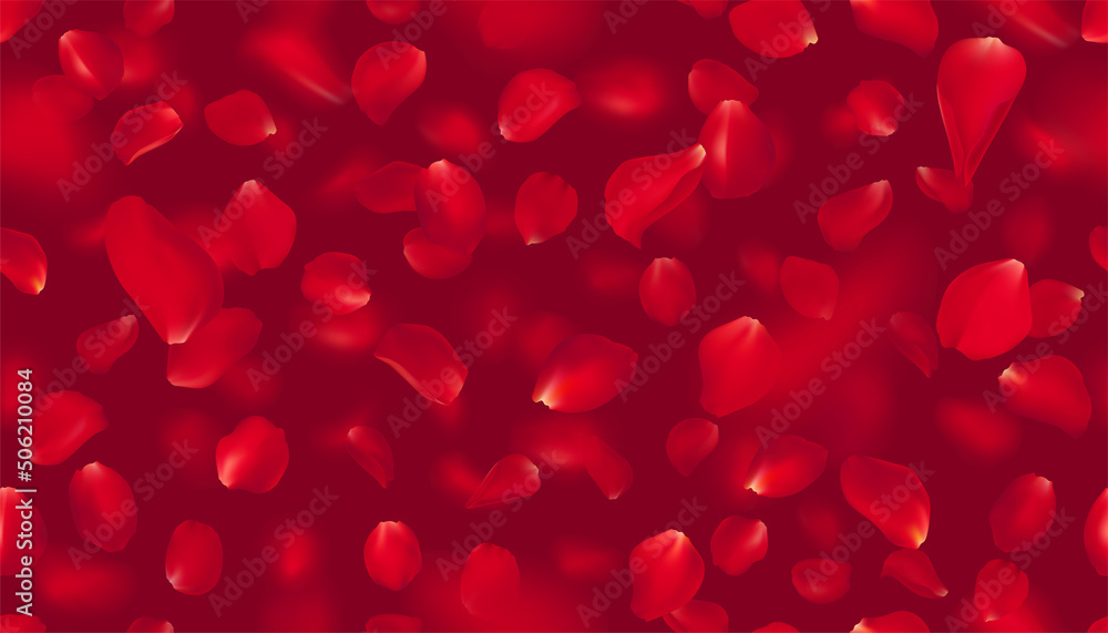 Seamless pattern with realistic flying red rose petals on burgundy background. Texture with voluminous blurred falling petal. Vector illustration with blur effect. Seamless pattern with realistic flying red rose petals on burgundy background. Texture with voluminous blurred falling petal. Vector illustration with blur effect.