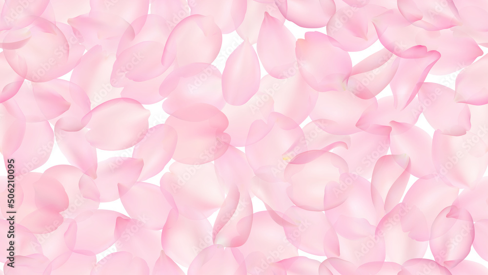 Seamless pattern with realistic flying pink sakura petals on a white background. Repeating texture with voluminous blurred falling cherry blossom petal. Vector illustration with blur effect.