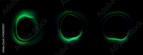 Vector illustration of a green neon circle. Music concept, wave, equalizer. Abstract background with glowing swirling dynamic backdrop. Round luminous portal isolated on black background.