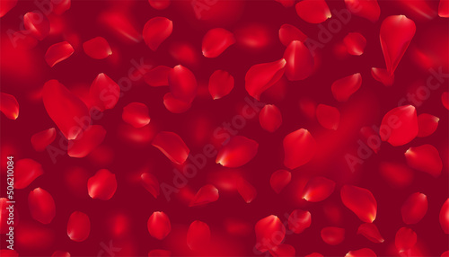 Seamless pattern with realistic flying red rose petals on burgundy background. Texture with voluminous blurred falling petal. Vector illustration with blur effect.