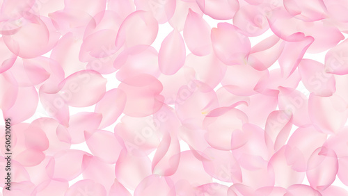 Seamless pattern with realistic flying pink sakura petals on a white background. Repeating texture with voluminous blurred falling cherry blossom petal. Vector illustration with blur effect.