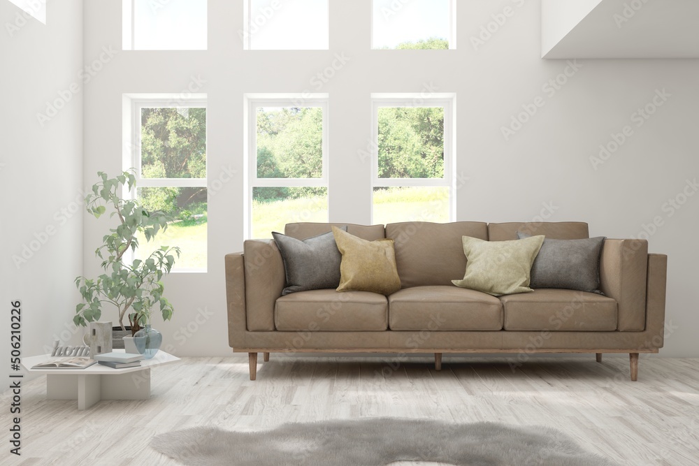 White living room with leather sofa and summer landscape in window. Scandinavian interior design. 3D illustration White living room with leather sofa and summer landscape in window. Scandinavian interior design. 3D illustration