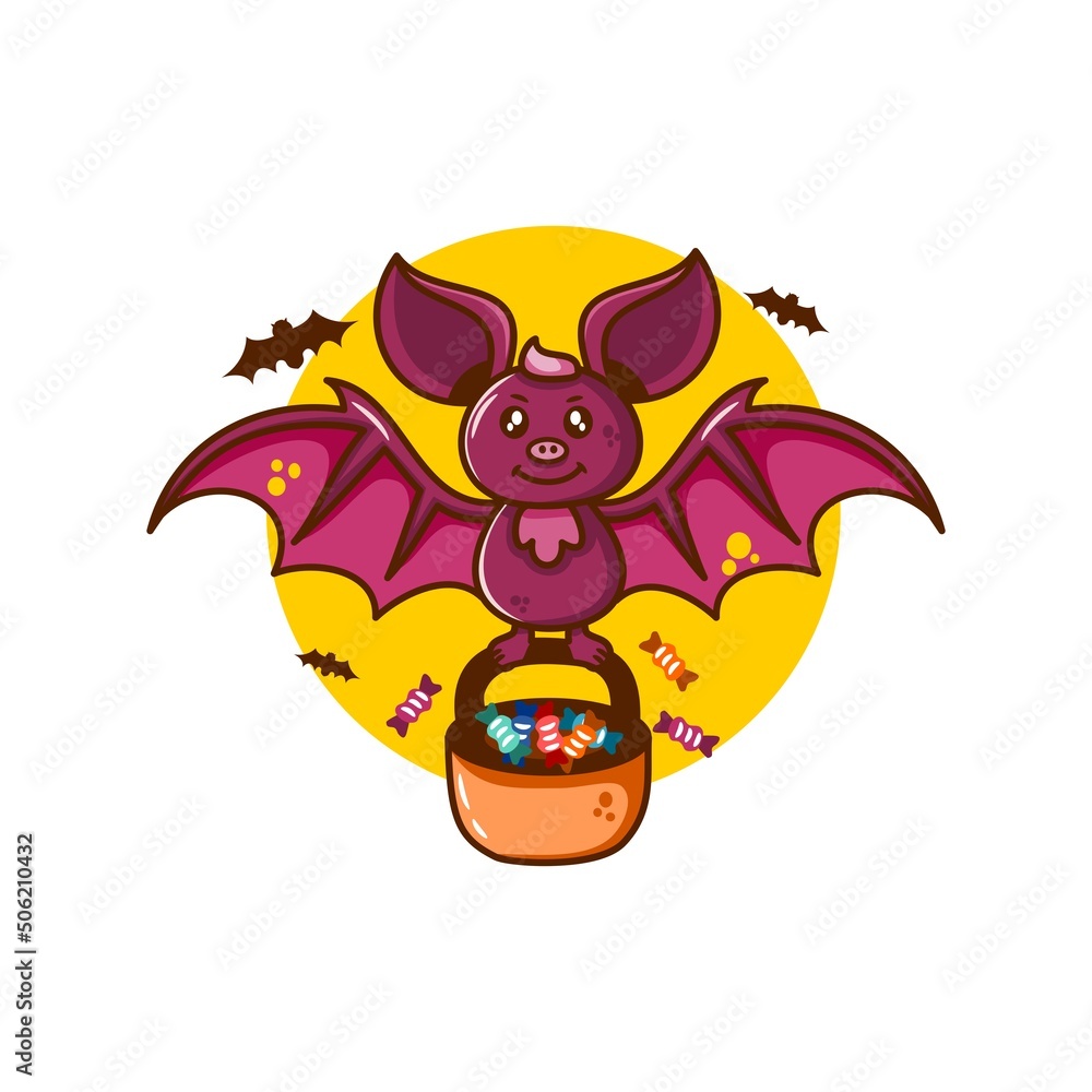 flying bat illustration carrying a candy basket hand draw style